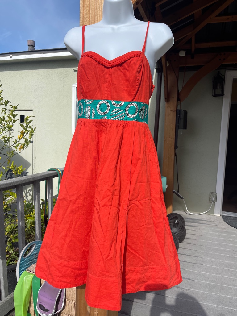 Red Spaghetti-Strap Mini Dress With Green Embellished Waist 1950s Luxury Retro